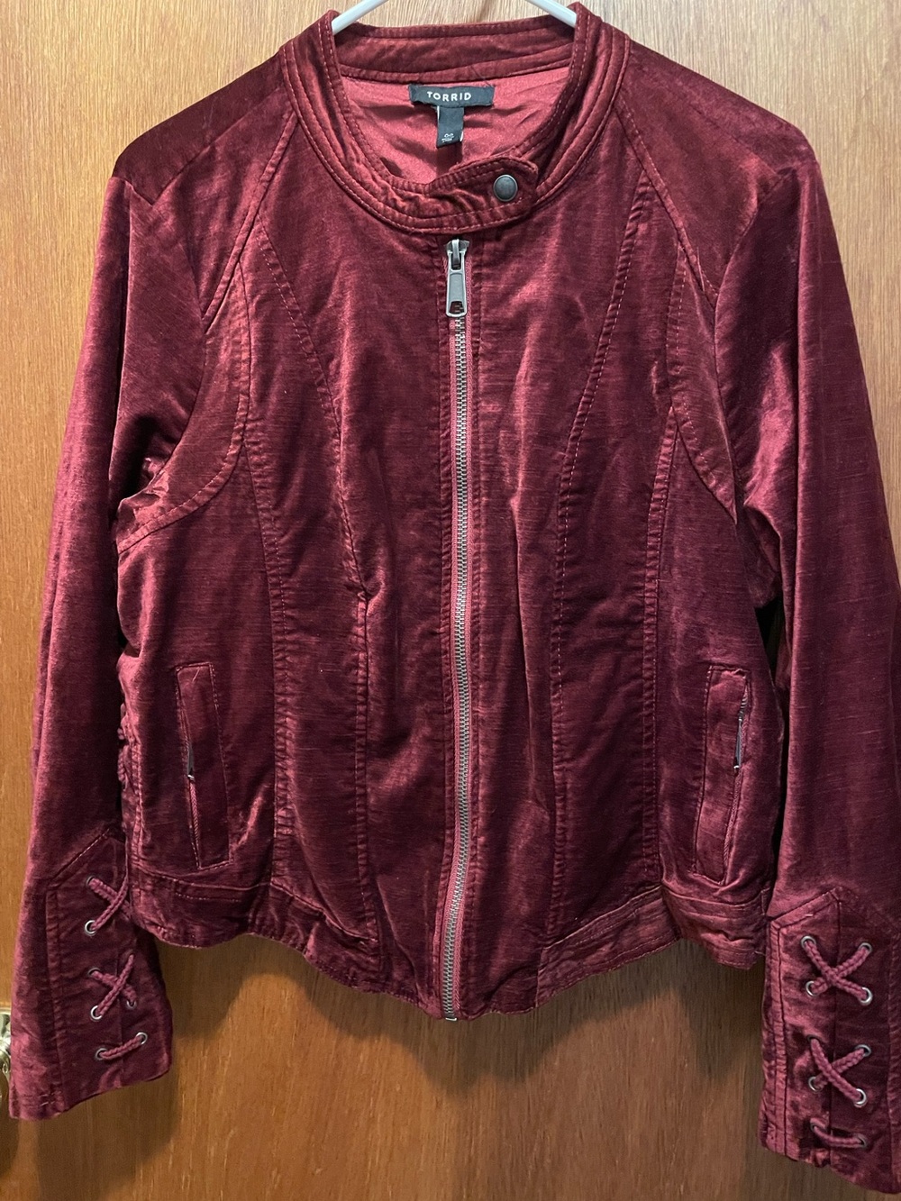 Torrid Wine Velvet Bomber Jacket with Lace-Up Cuffs